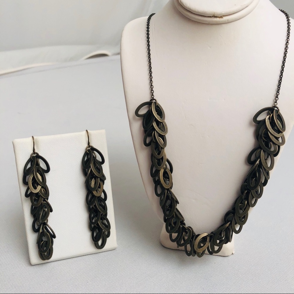 Antique brass loop necklace and earrings